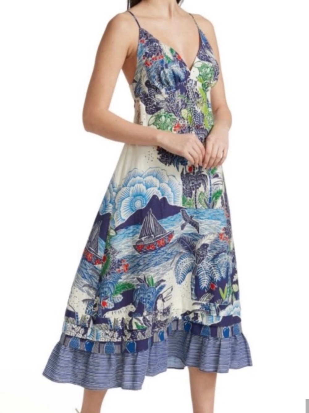 FARM Rio Coastal Floral & Sailboat Midi Dress - Blue, Cream, Green